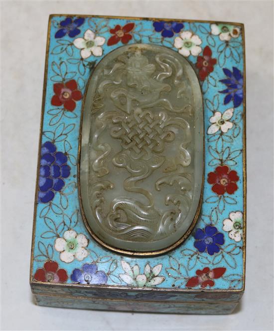 A Chinese cloisonne enamel box and cover, inset with a celadon jade plaque, 18th/19th century, 11.8cm